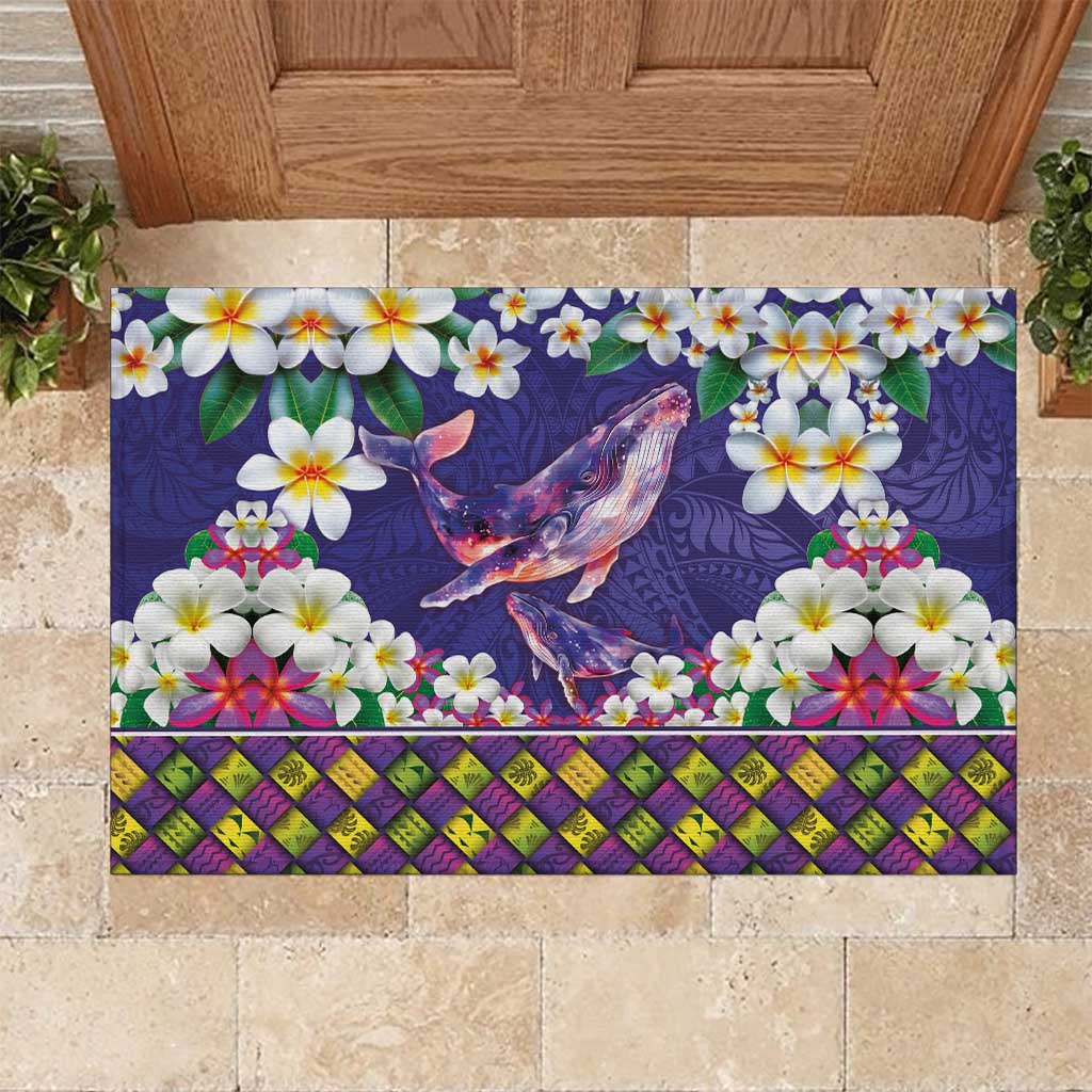 Hawaiian Plumeria and Humpback Whales Rubber Doormat Polynerian Art Tattoo-Navy Color LT03 Navy - Polynesian Pride
