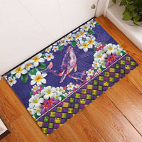 Hawaiian Plumeria and Humpback Whales Rubber Doormat Polynerian Art Tattoo-Navy Color