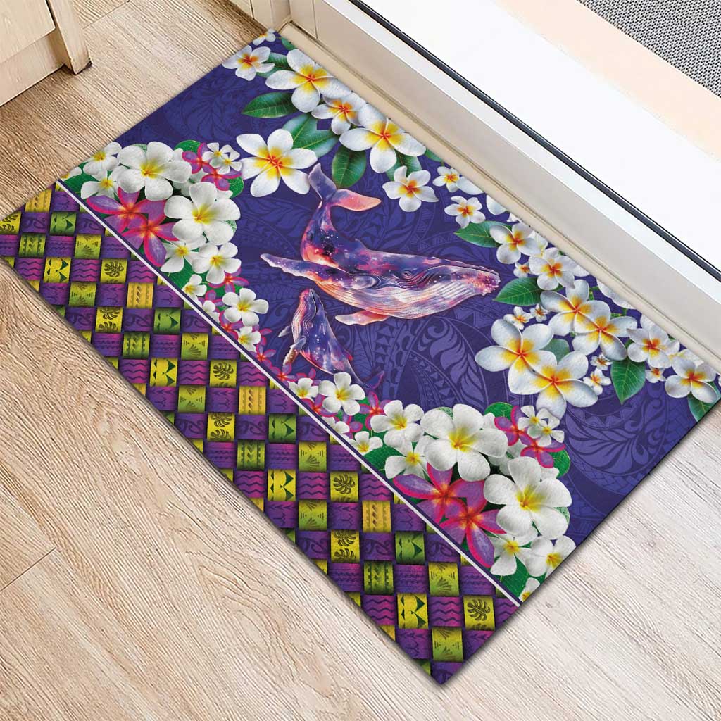 Hawaiian Plumeria and Humpback Whales Rubber Doormat Polynerian Art Tattoo-Navy Color