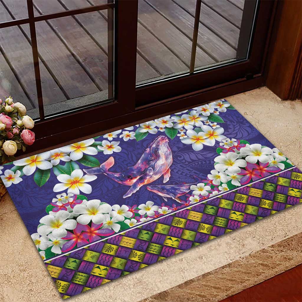 Hawaiian Plumeria and Humpback Whales Rubber Doormat Polynerian Art Tattoo-Navy Color