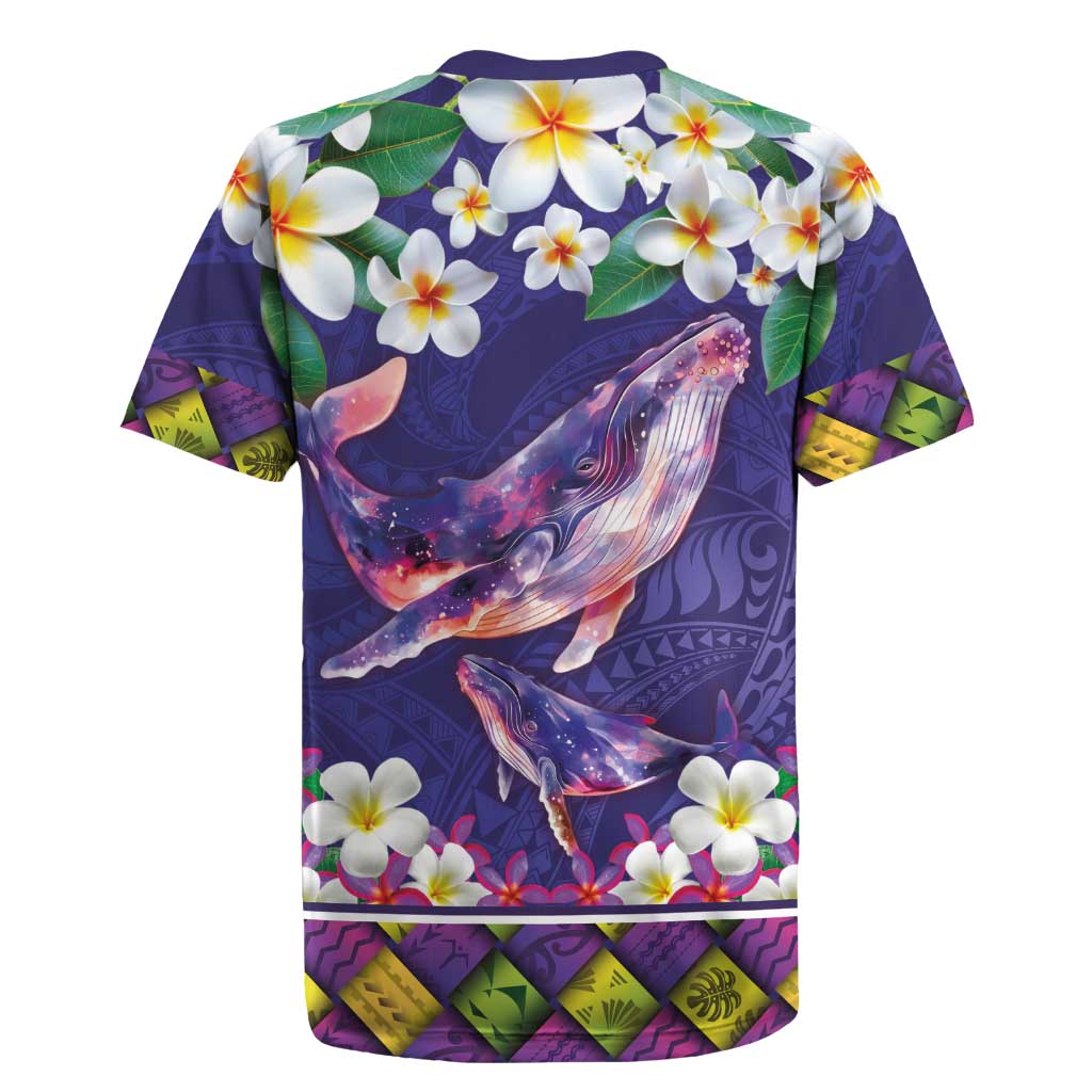 Hawaiian Plumeria and Humpback Whales Rugby Jersey Polynerian Art Tattoo-Navy Color