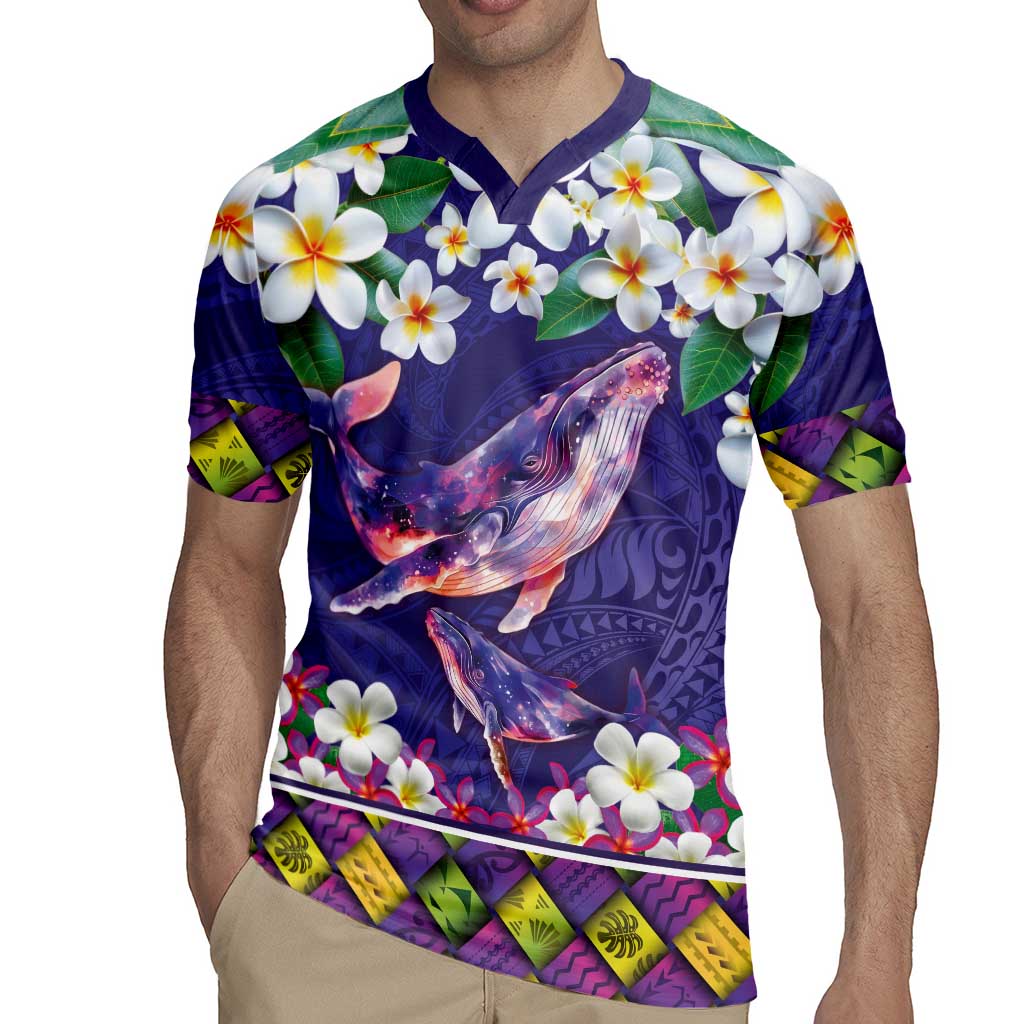 Hawaiian Plumeria and Humpback Whales Rugby Jersey Polynerian Art Tattoo-Navy Color