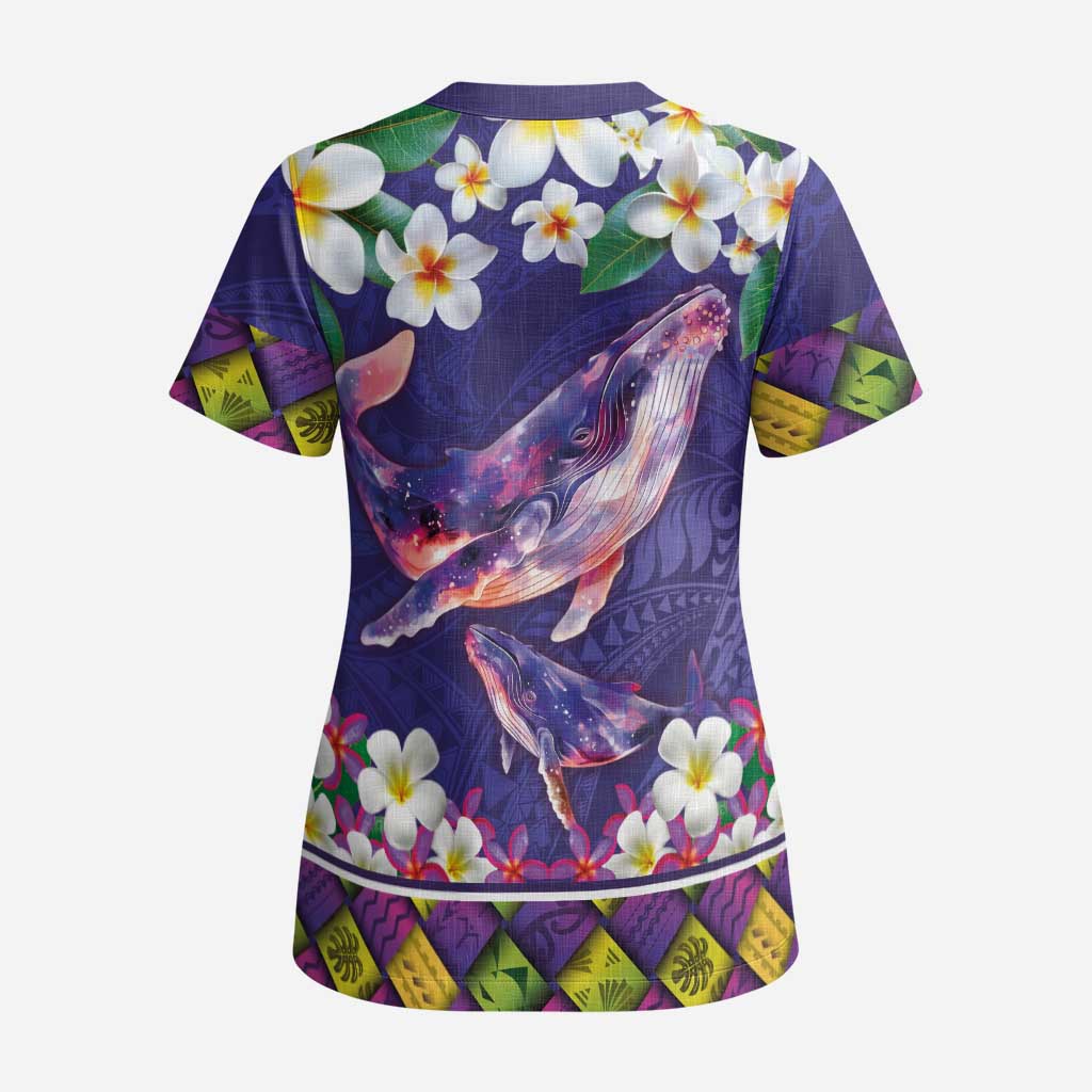 Hawaiian Plumeria and Humpback Whales Scrub Top Polynerian Art Tattoo-Navy Color - Polynesian Pride