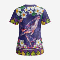 Hawaiian Plumeria and Humpback Whales Scrub Top Polynerian Art Tattoo-Navy Color - Polynesian Pride