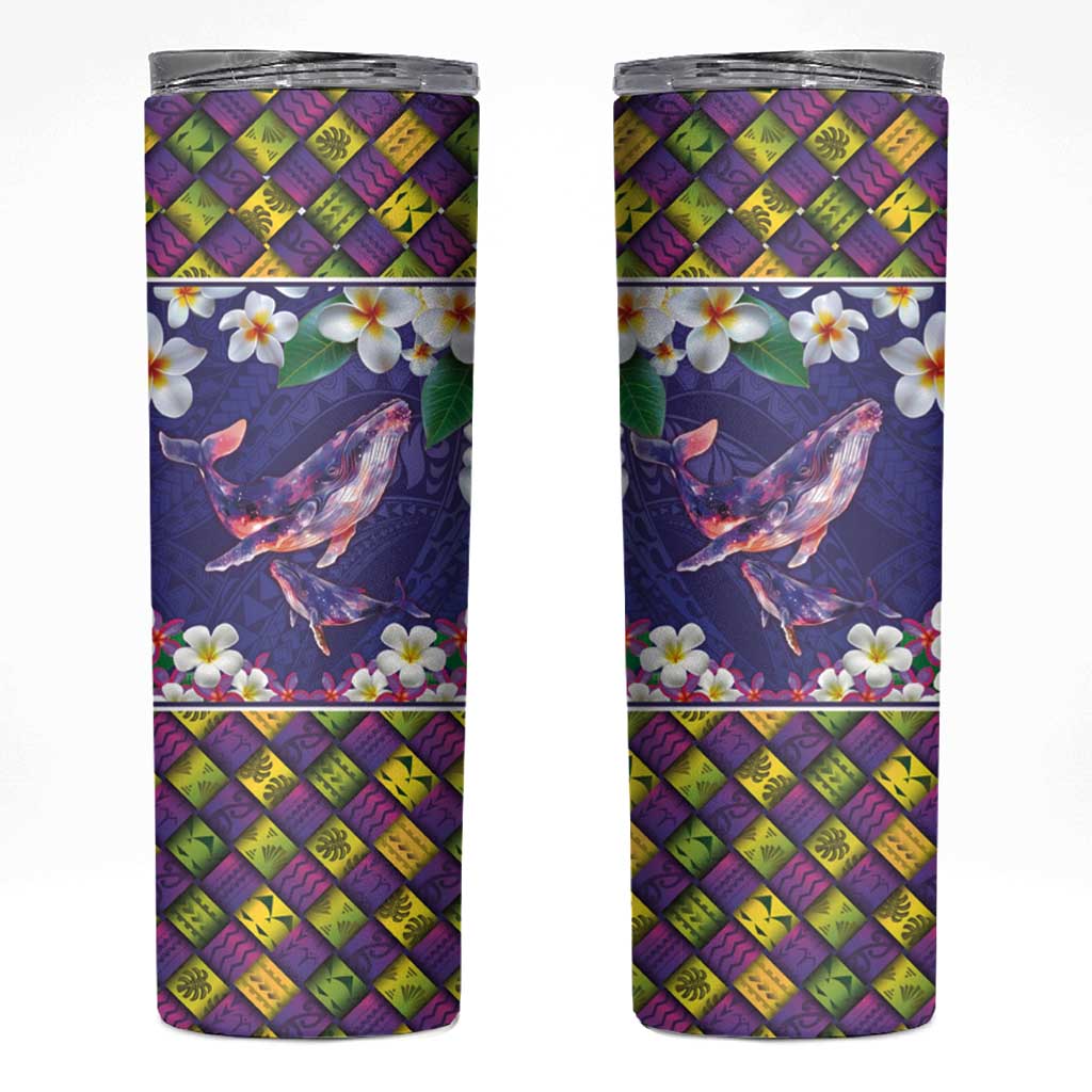 Hawaiian Plumeria and Humpback Whales Skinny Tumbler Polynerian Art Tattoo-Navy Color