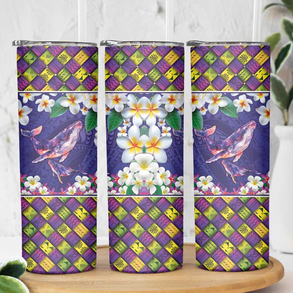 Hawaiian Plumeria and Humpback Whales Skinny Tumbler Polynerian Art Tattoo-Navy Color