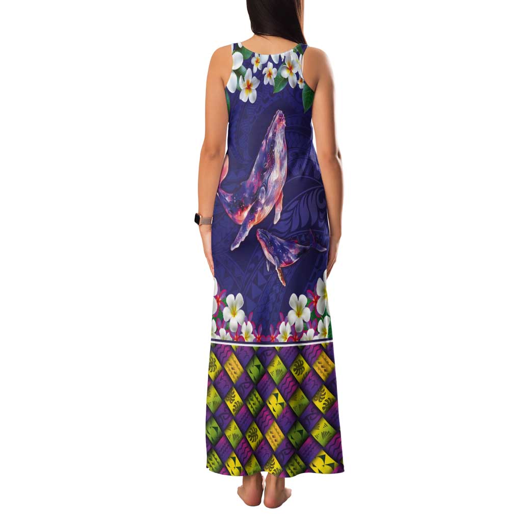 Hawaiian Plumeria and Humpback Whales Tank Maxi Dress Polynerian Art Tattoo-Navy Color