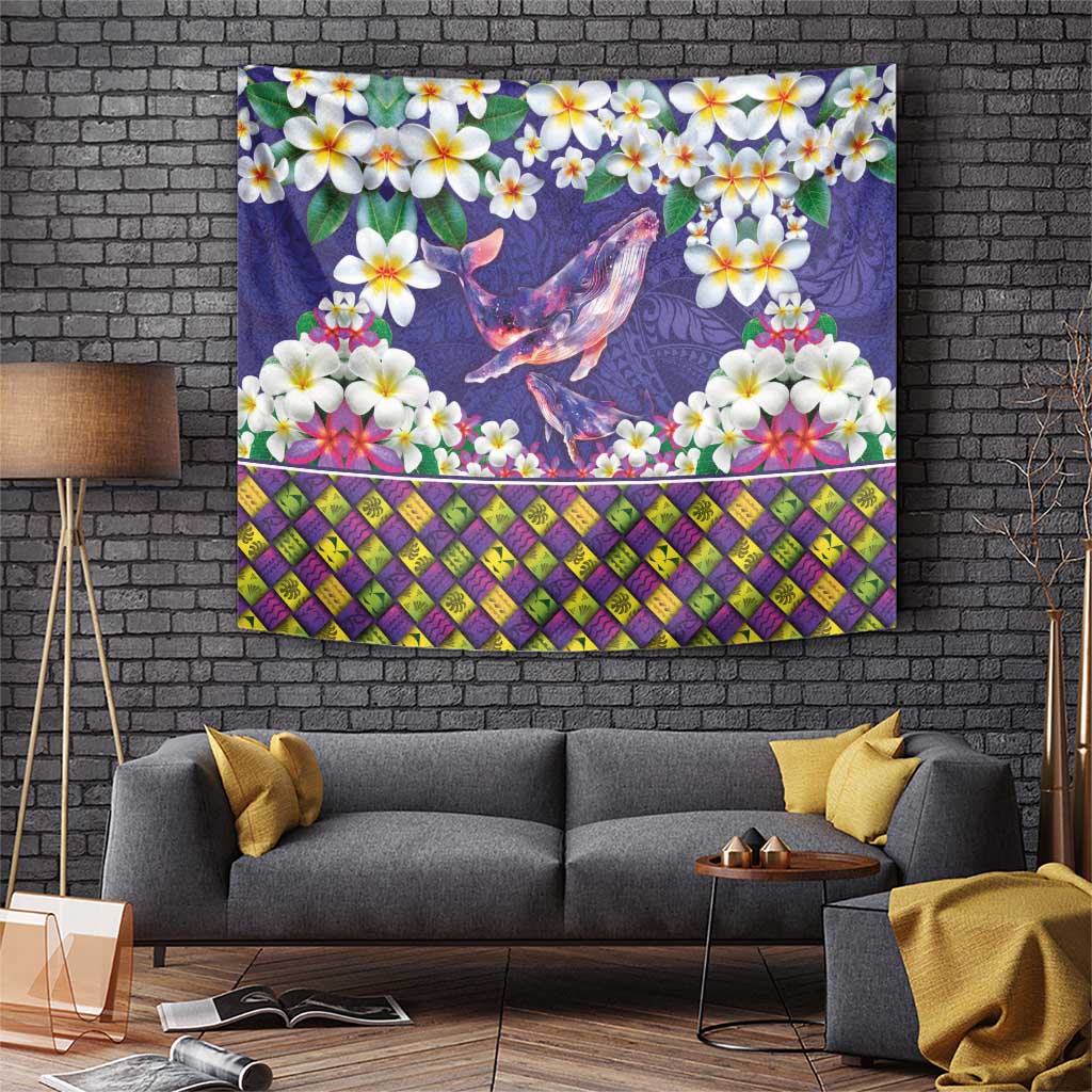 Hawaiian Plumeria and Humpback Whales Tapestry Polynerian Art Tattoo-Navy Color