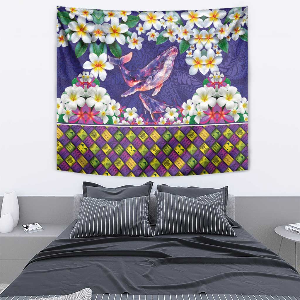 Hawaiian Plumeria and Humpback Whales Tapestry Polynerian Art Tattoo-Navy Color