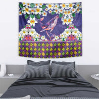 Hawaiian Plumeria and Humpback Whales Tapestry Polynerian Art Tattoo-Navy Color