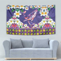 Hawaiian Plumeria and Humpback Whales Tapestry Polynerian Art Tattoo-Navy Color
