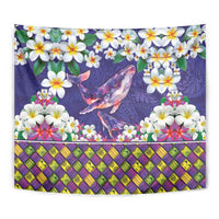 Hawaiian Plumeria and Humpback Whales Tapestry Polynerian Art Tattoo-Navy Color