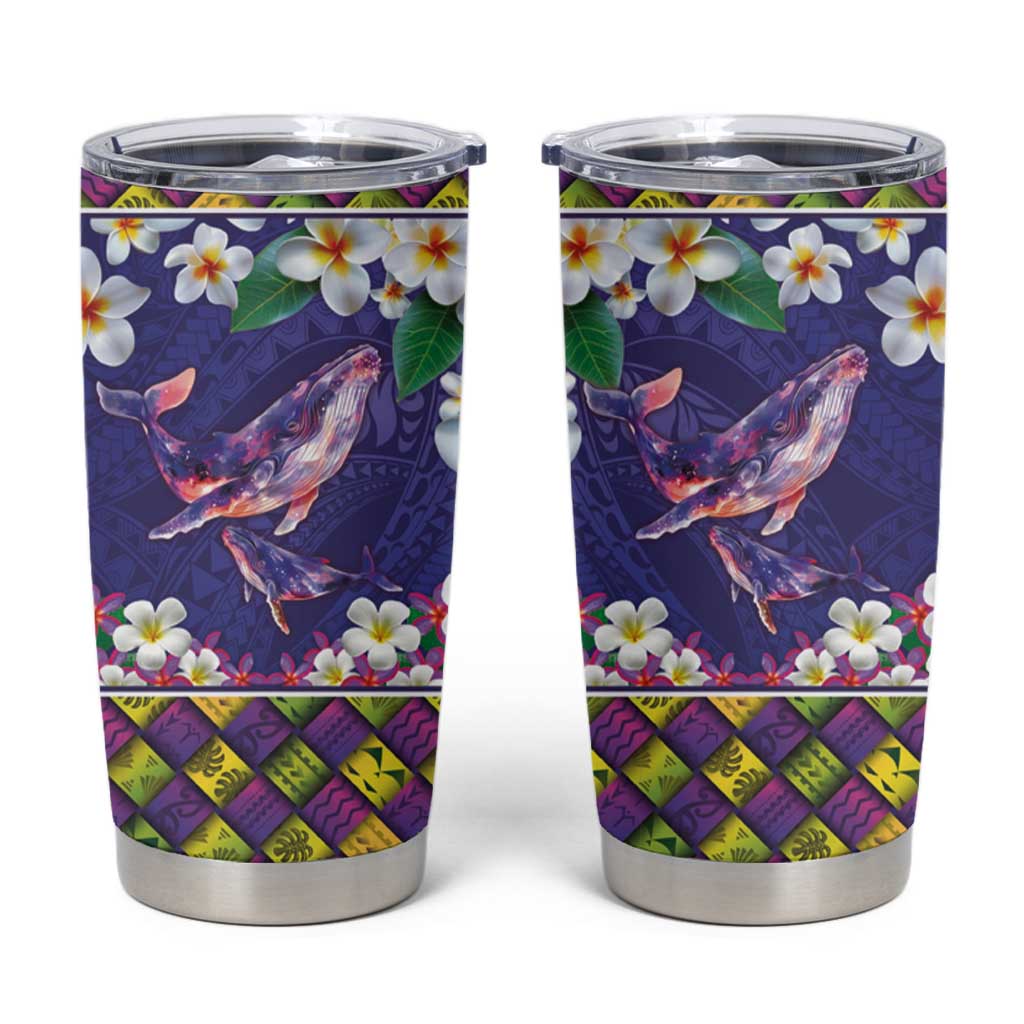 Hawaiian Plumeria and Humpback Whales Tumbler Cup Polynerian Art Tattoo-Navy Color