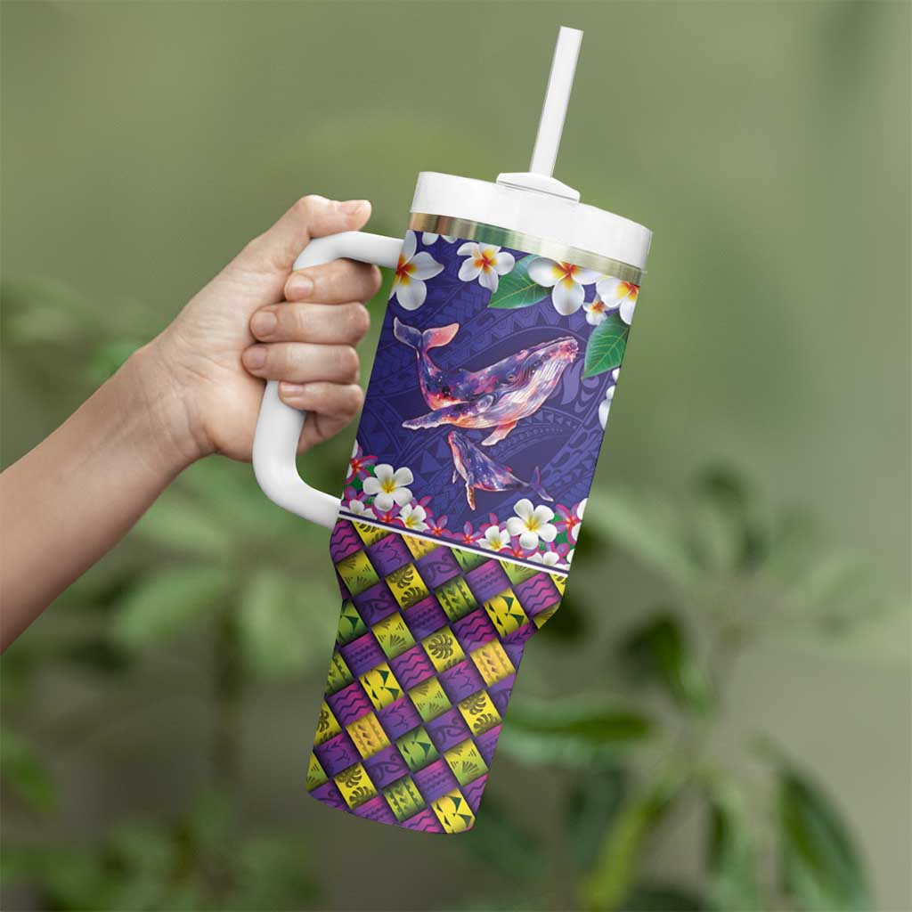 Hawaiian Plumeria and Humpback Whales Tumbler With Handle Polynerian Art Tattoo-Navy Color LT03 - Polynesian Pride