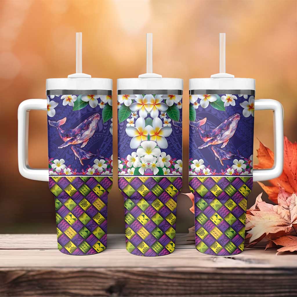 Hawaiian Plumeria and Humpback Whales Tumbler With Handle Polynerian Art Tattoo-Navy Color LT03 - Polynesian Pride