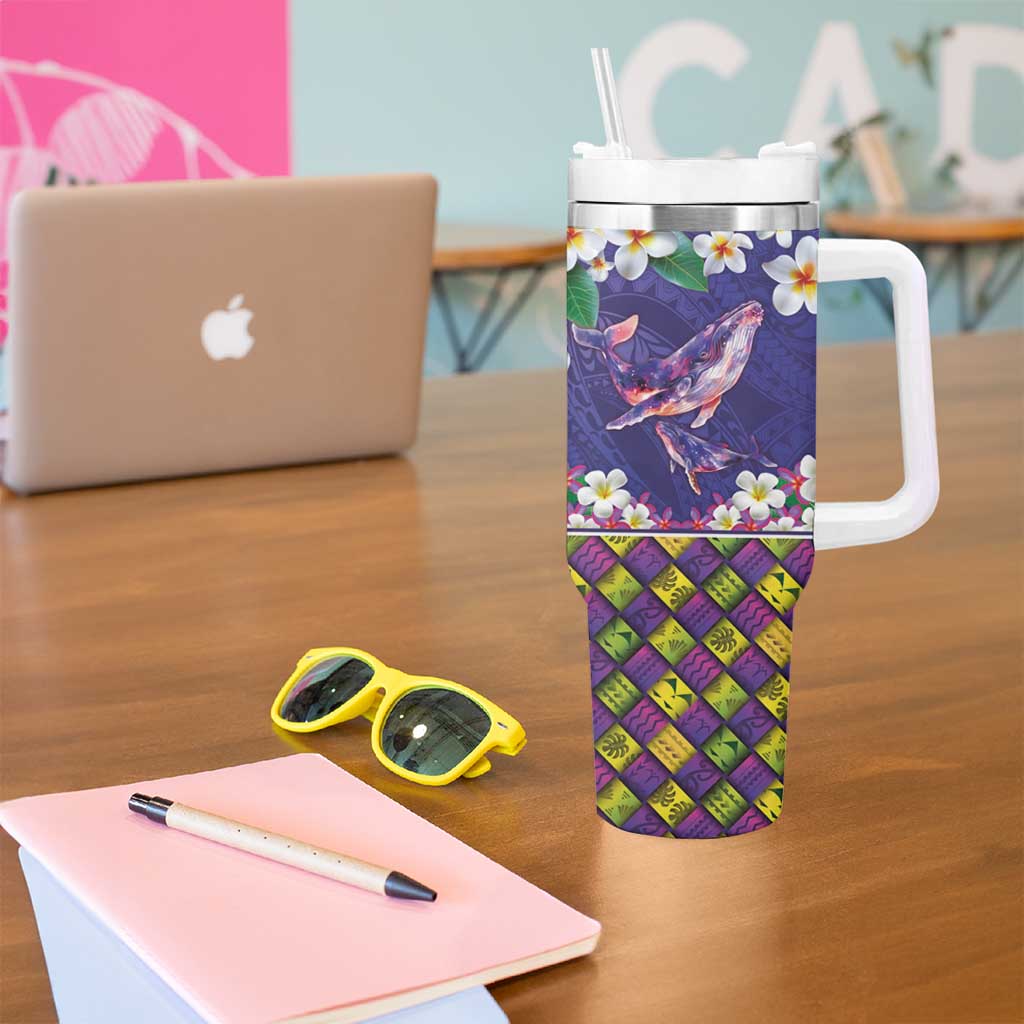Hawaiian Plumeria and Humpback Whales Tumbler With Handle Polynerian Art Tattoo-Navy Color LT03 - Polynesian Pride