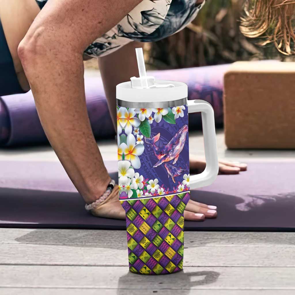Hawaiian Plumeria and Humpback Whales Tumbler With Handle Polynerian Art Tattoo-Navy Color LT03 - Polynesian Pride