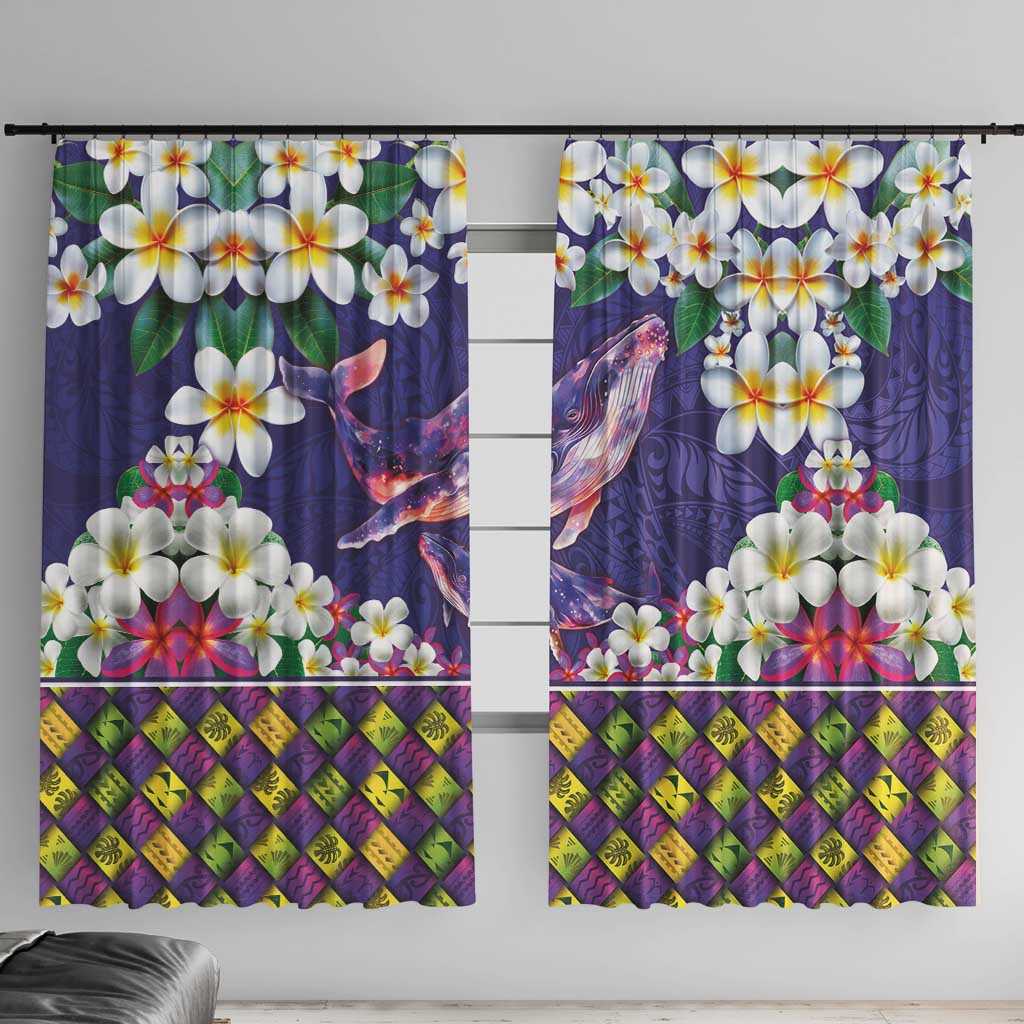 Hawaiian Plumeria and Humpback Whales Window Curtain Polynerian Art Tattoo-Navy Color LT03 With Hooks Navy - Polynesian Pride