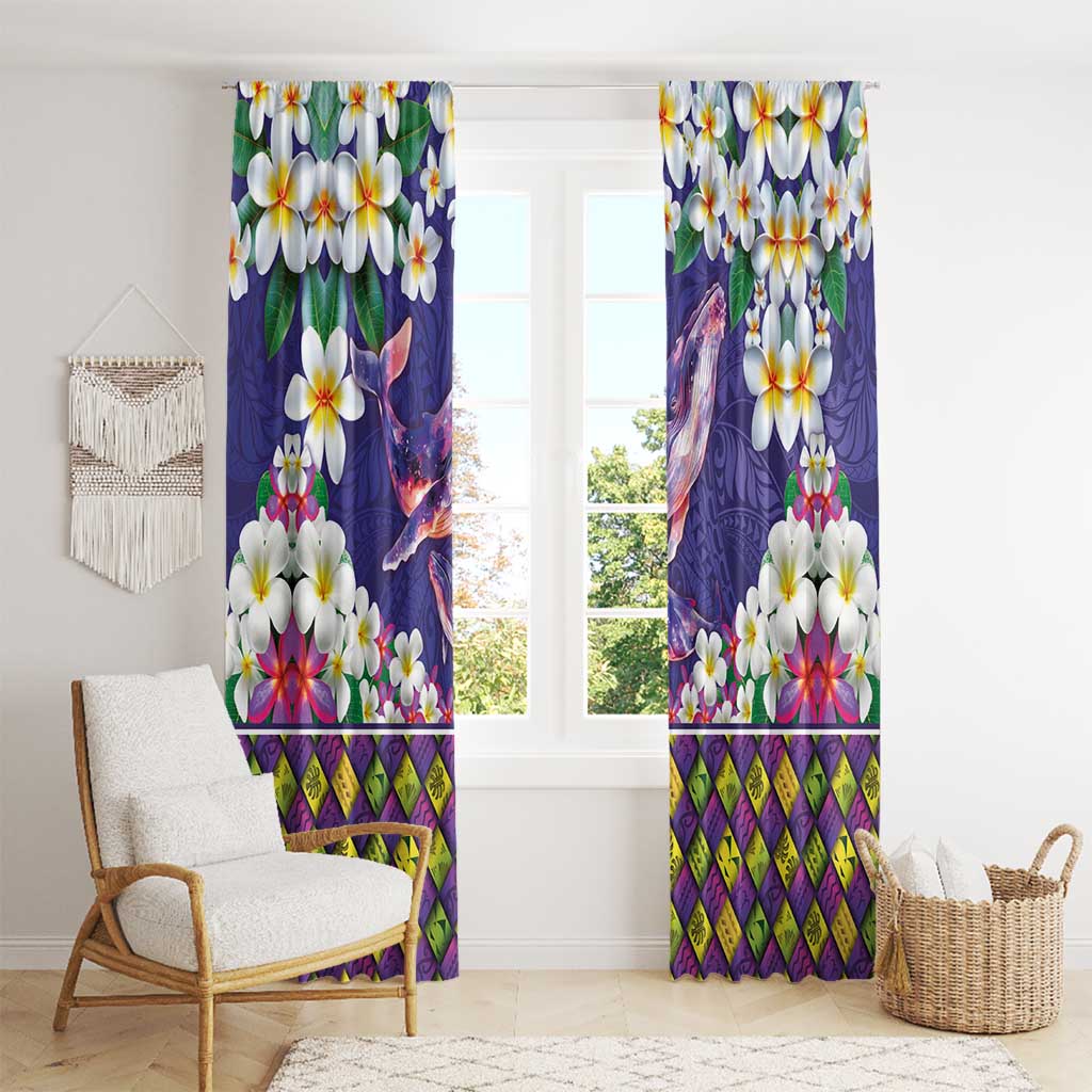 Hawaiian Plumeria and Humpback Whales Window Curtain Polynerian Art Tattoo-Navy Color LT03 - Polynesian Pride
