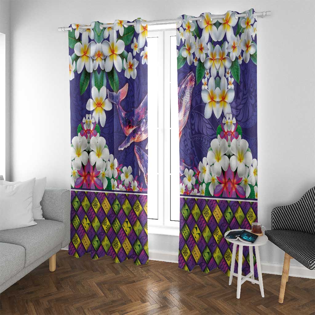 Hawaiian Plumeria and Humpback Whales Window Curtain Polynerian Art Tattoo-Navy Color LT03 With Grommets Navy - Polynesian Pride