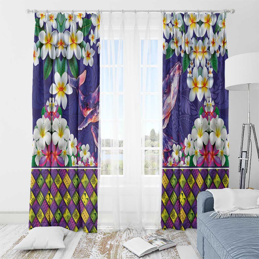 Hawaiian Plumeria and Humpback Whales Window Curtain Polynerian Art Tattoo-Navy Color LT03 - Polynesian Pride