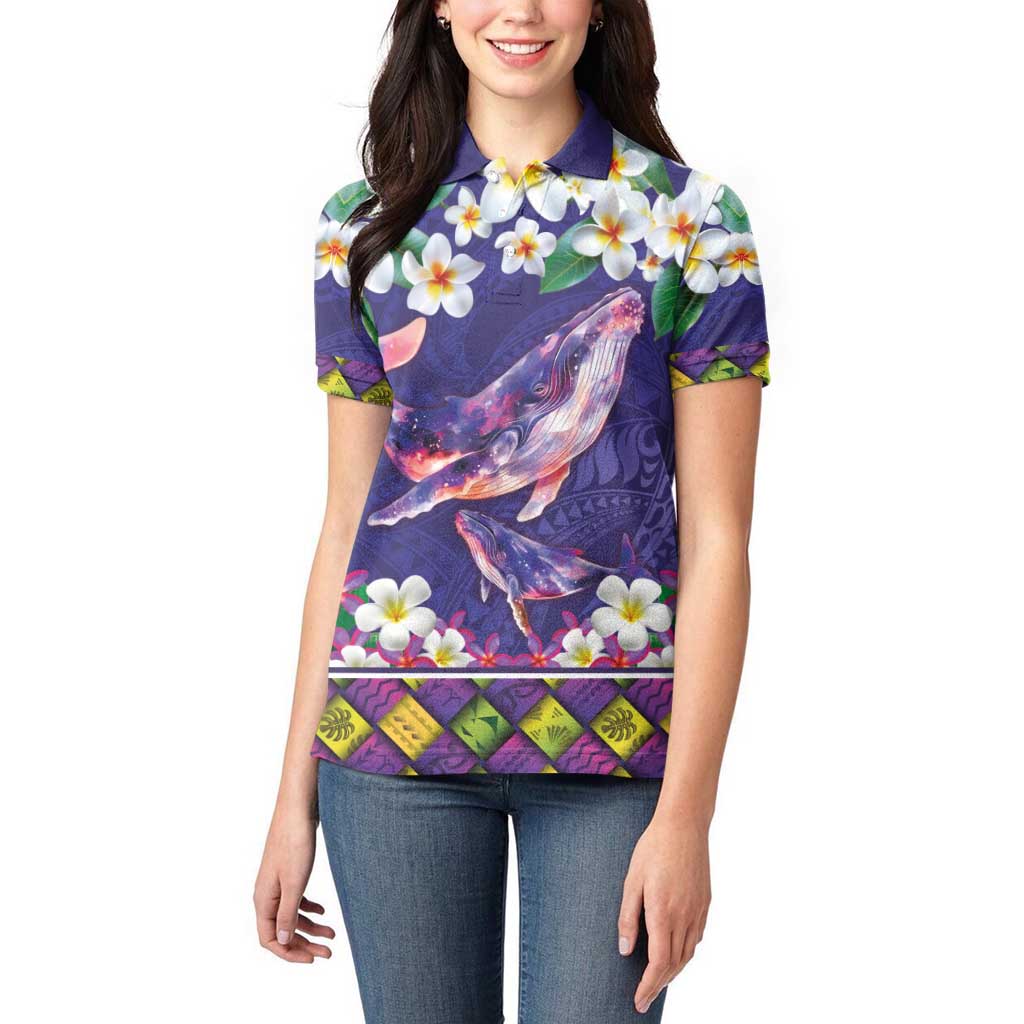 Hawaiian Plumeria and Humpback Whales Women Polo Shirt Polynerian Art Tattoo-Navy Color