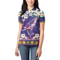 Hawaiian Plumeria and Humpback Whales Women Polo Shirt Polynerian Art Tattoo-Navy Color
