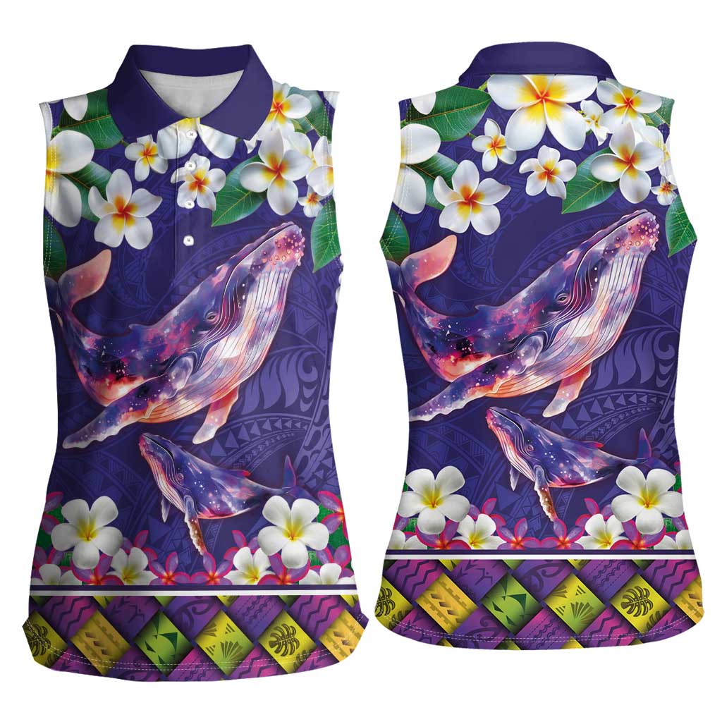 Hawaiian Plumeria and Humpback Whales Women Sleeveless Polo Shirt Polynerian Art Tattoo-Navy Color
