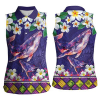 Hawaiian Plumeria and Humpback Whales Women Sleeveless Polo Shirt Polynerian Art Tattoo-Navy Color