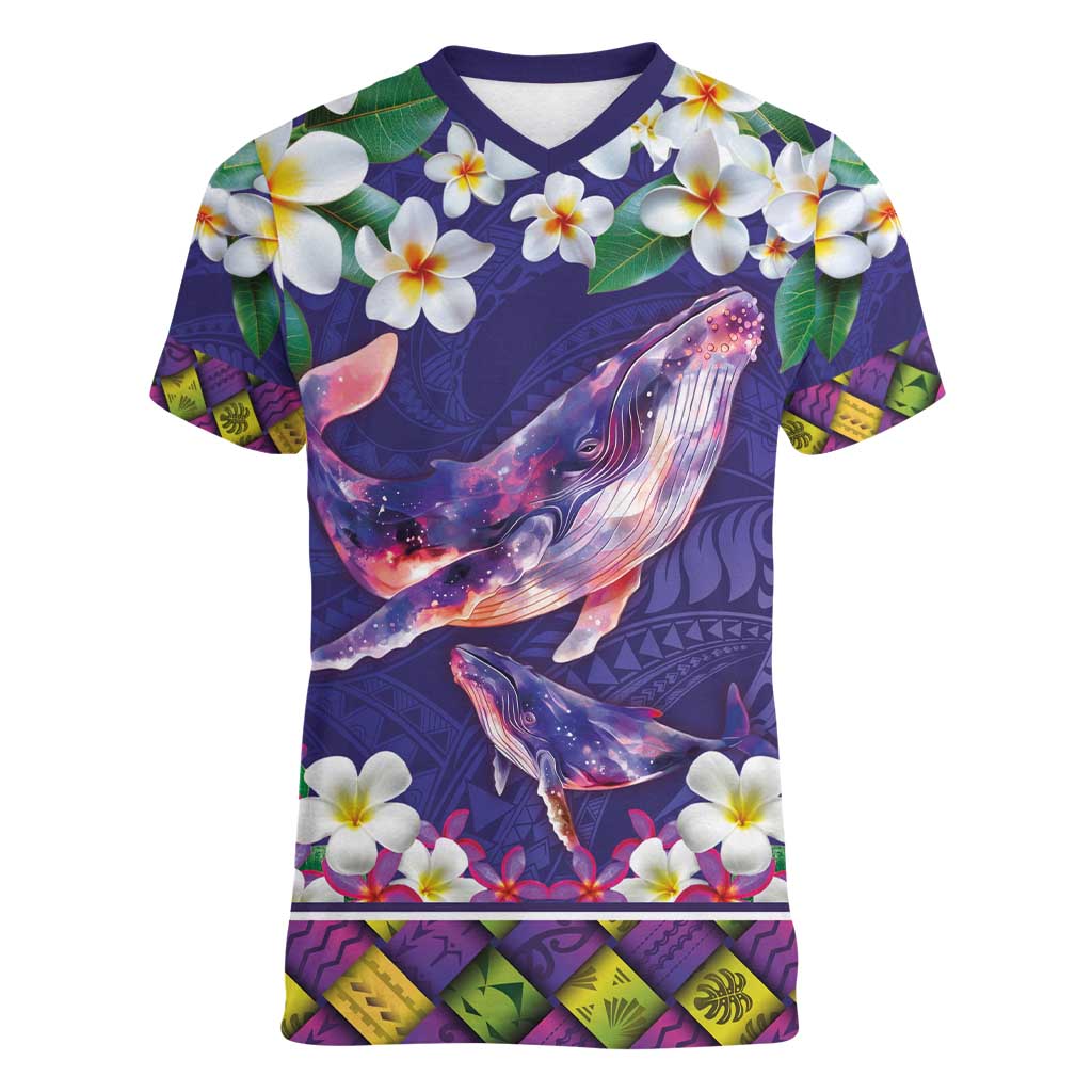 Hawaiian Plumeria and Humpback Whales Women V-Neck T-Shirt Polynerian Art Tattoo-Navy Color