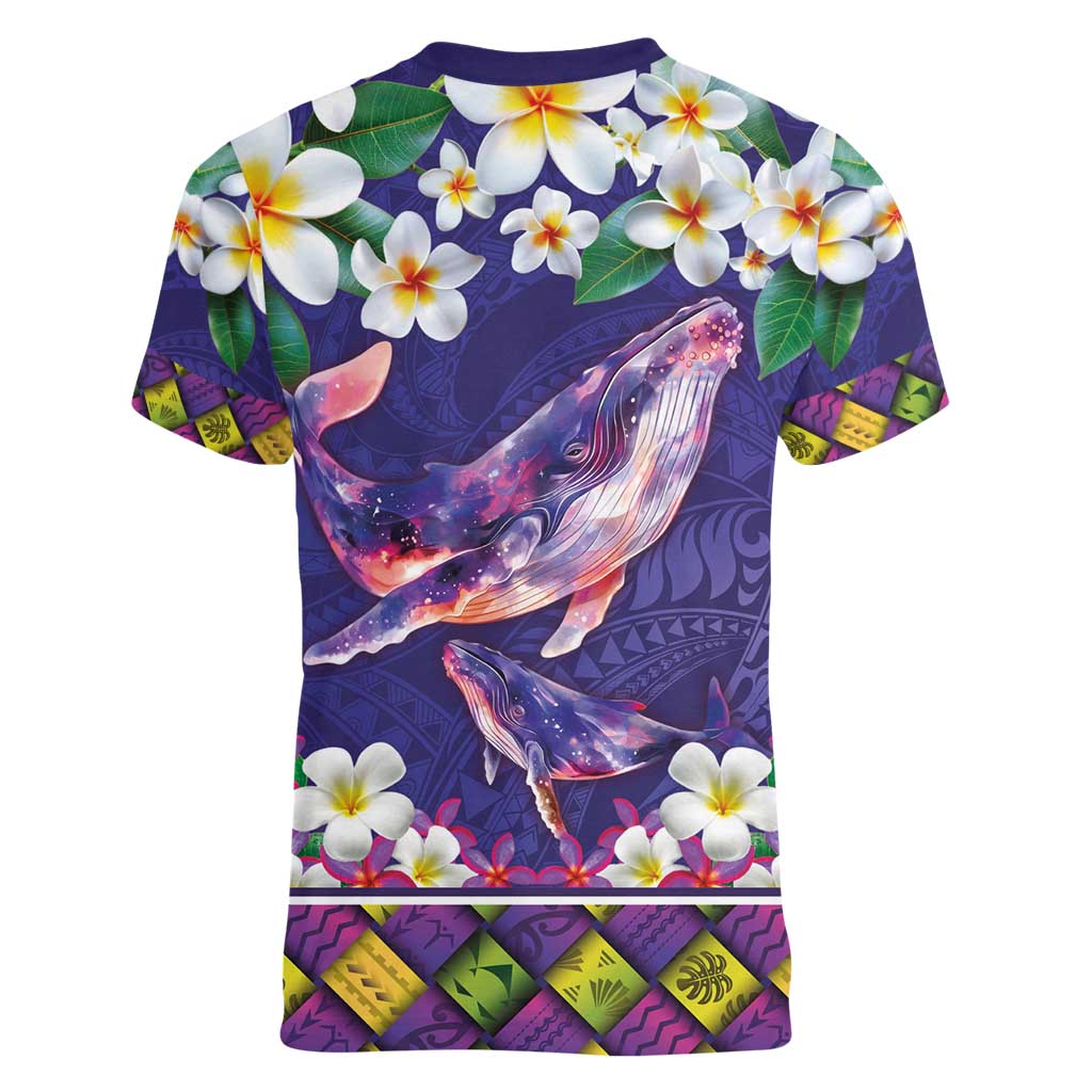Hawaiian Plumeria and Humpback Whales Women V-Neck T-Shirt Polynerian Art Tattoo-Navy Color