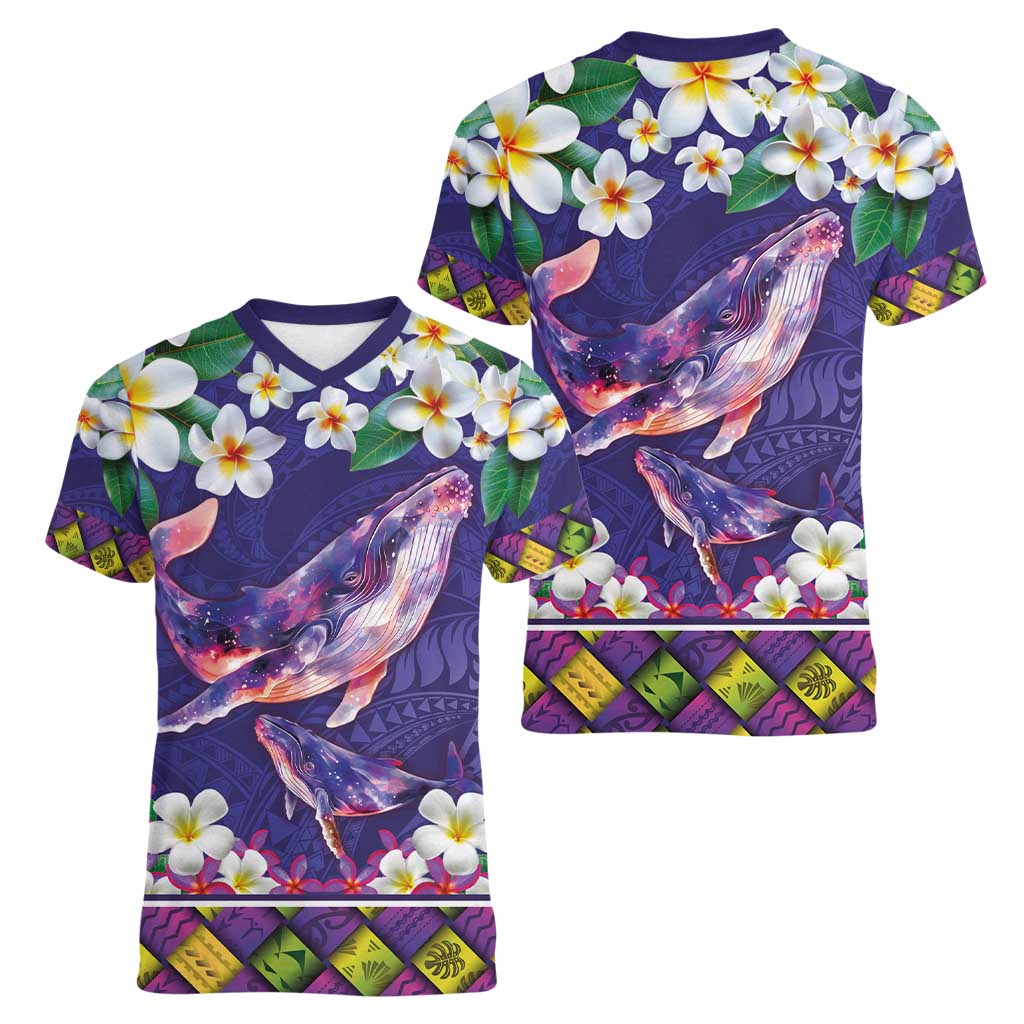 Hawaiian Plumeria and Humpback Whales Women V-Neck T-Shirt Polynerian Art Tattoo-Navy Color