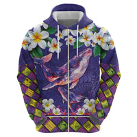 Hawaiian Plumeria and Humpback Whales Zip Hoodie Polynerian Art Tattoo-Navy Color
