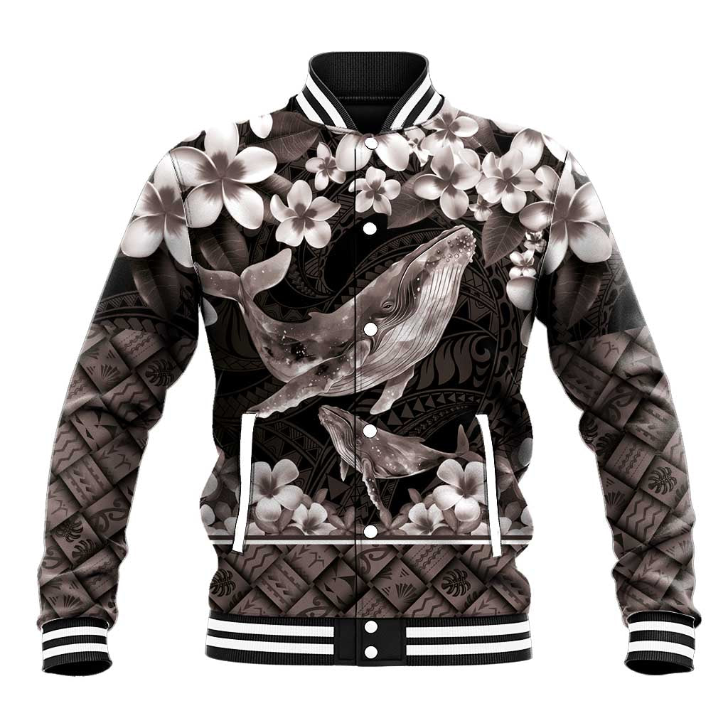 Hawaiian Plumeria and Humpback Whales Baseball Jacket Polynerian Art Tattoo-Grayscale Mode LT03 Unisex Black - Polynesian Pride
