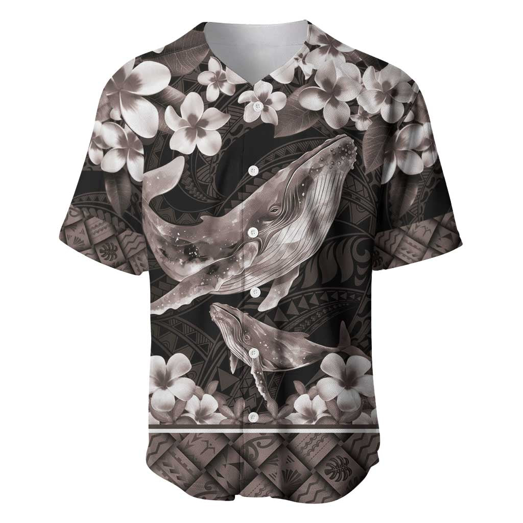 Hawaiian Plumeria and Humpback Whales Baseball Jersey Polynerian Art Tattoo-Grayscale Mode