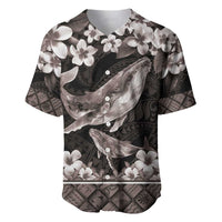 Hawaiian Plumeria and Humpback Whales Baseball Jersey Polynerian Art Tattoo-Grayscale Mode