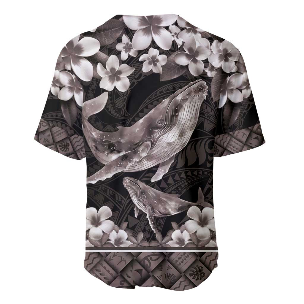 Hawaiian Plumeria and Humpback Whales Baseball Jersey Polynerian Art Tattoo-Grayscale Mode