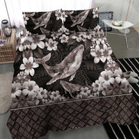 Hawaiian Plumeria and Humpback Whales Bedding Set Polynerian Art Tattoo-Grayscale Mode