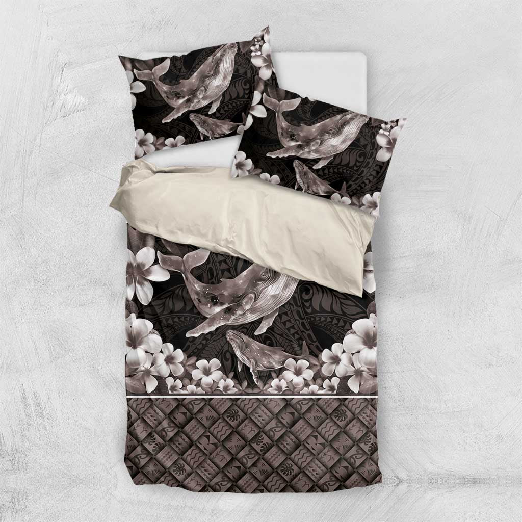 Hawaiian Plumeria and Humpback Whales Bedding Set Polynerian Art Tattoo-Grayscale Mode