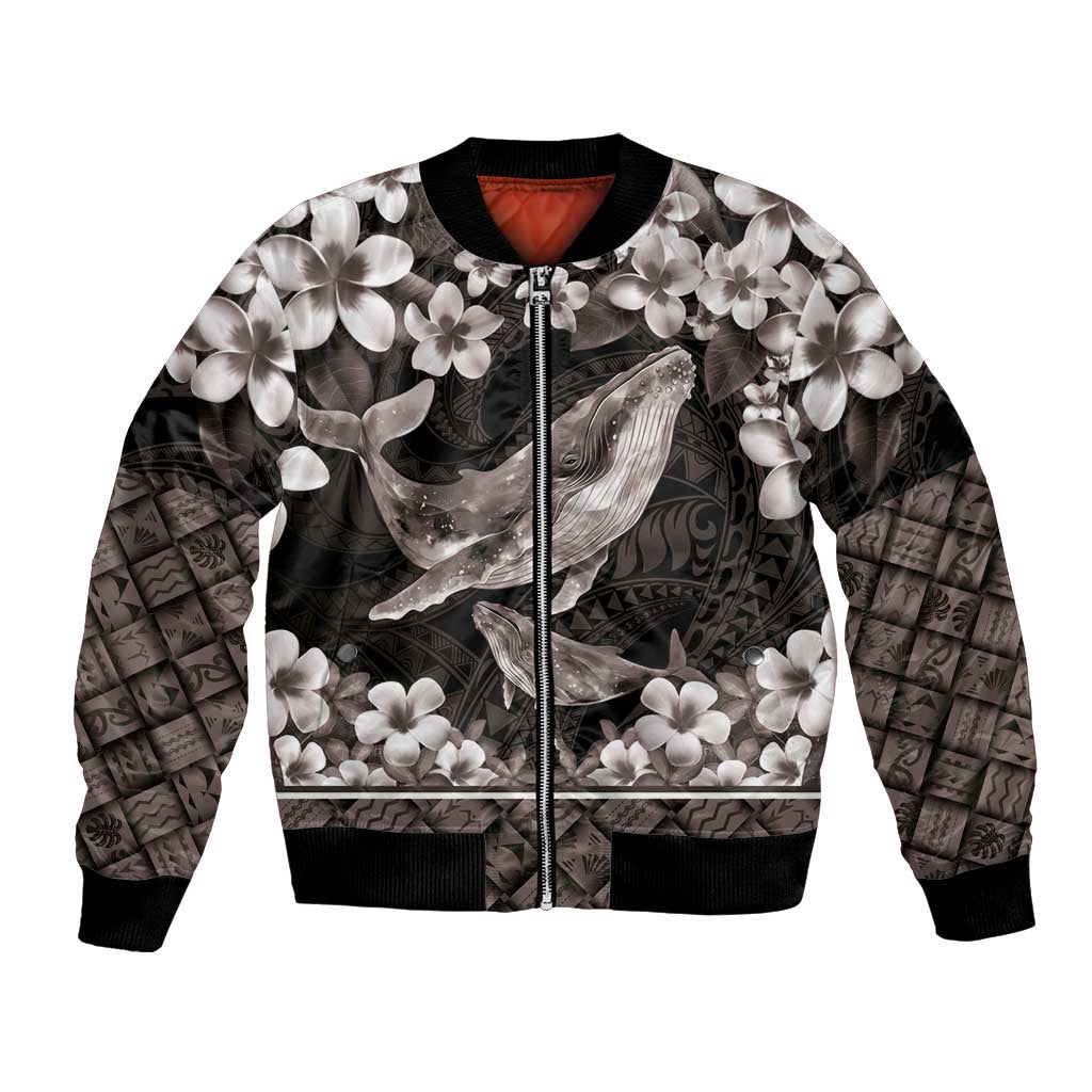 Hawaiian Plumeria and Humpback Whales Bomber Jacket Polynerian Art Tattoo-Grayscale Mode