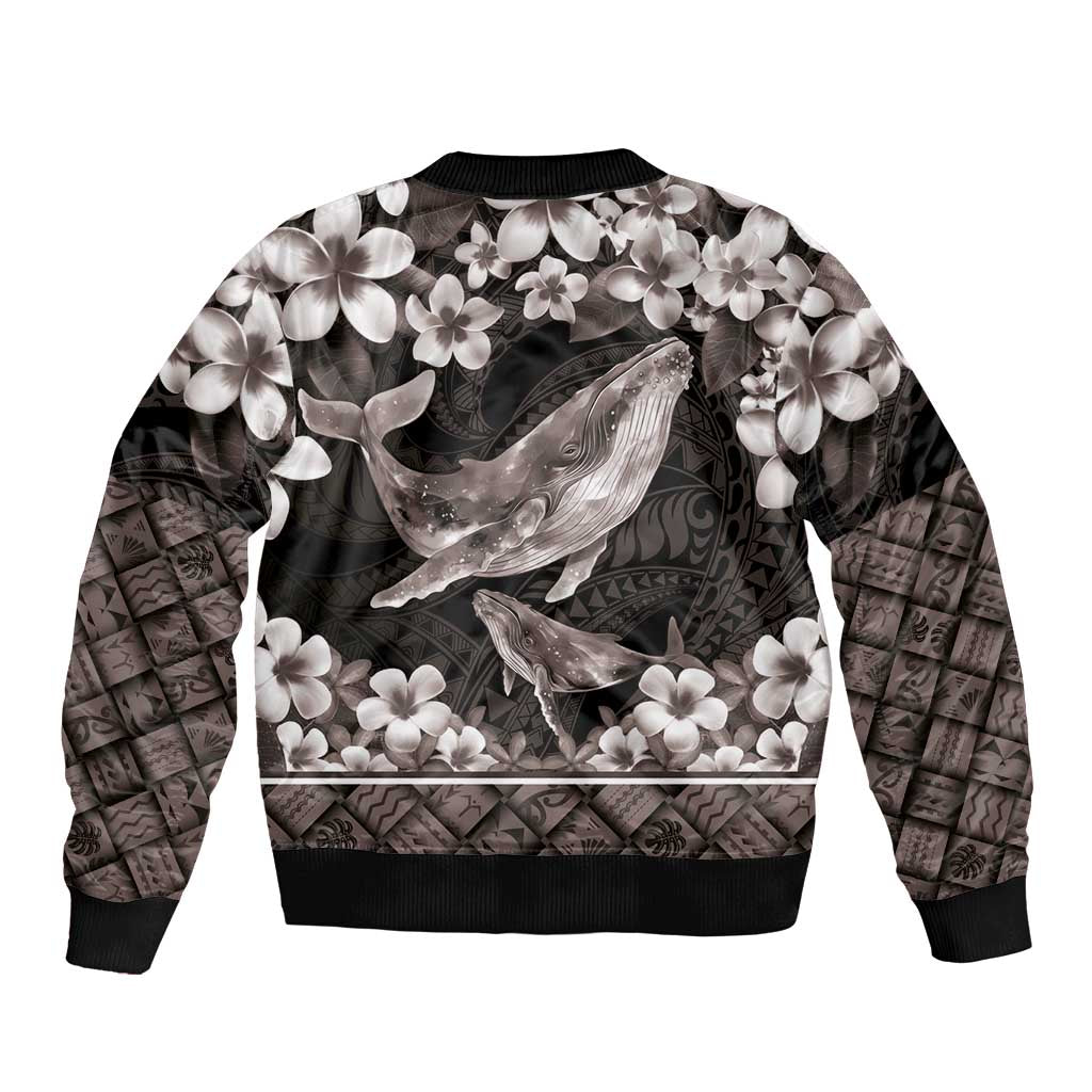 Hawaiian Plumeria and Humpback Whales Bomber Jacket Polynerian Art Tattoo-Grayscale Mode