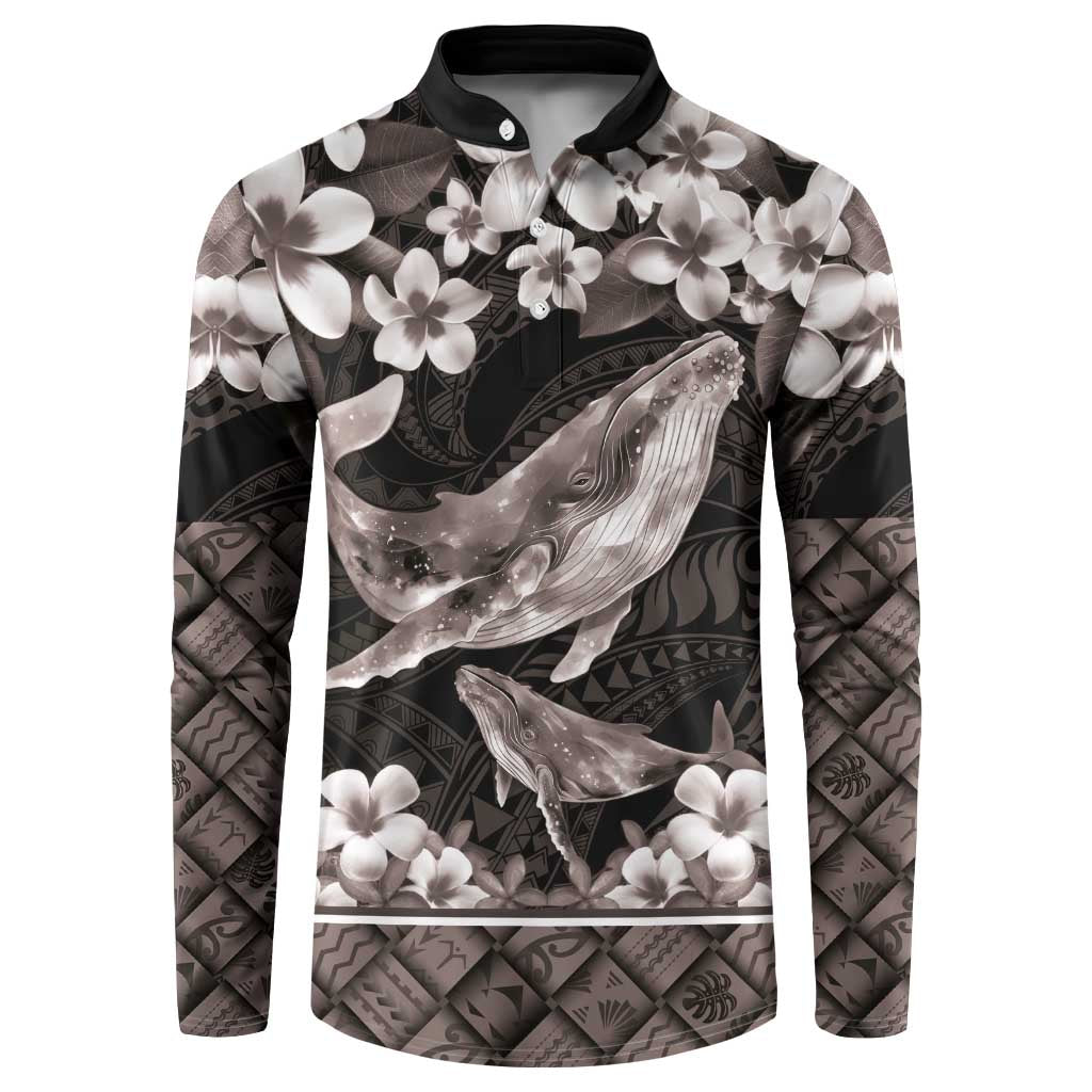 Hawaiian Plumeria and Humpback Whales Button Sweatshirt Polynerian Art Tattoo-Grayscale Mode LT03 Black - Polynesian Pride