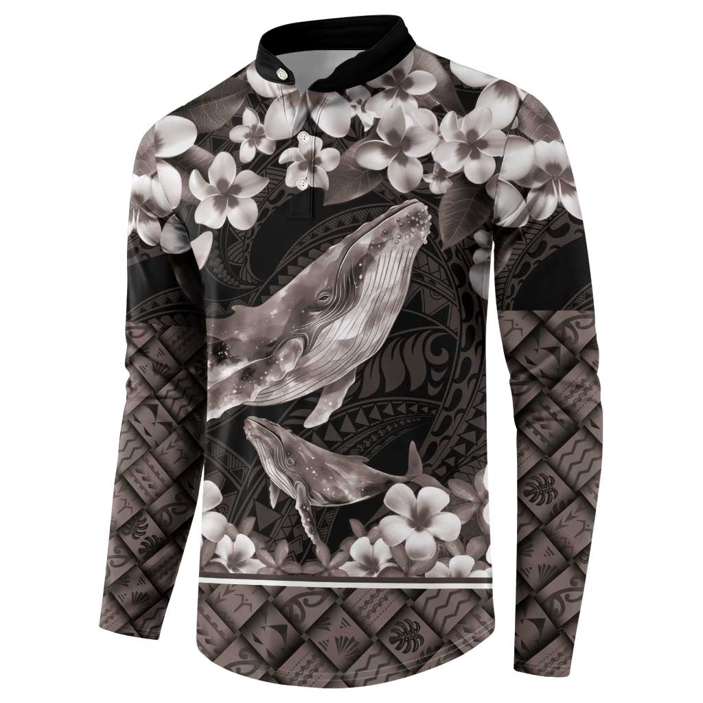 Hawaiian Plumeria and Humpback Whales Button Sweatshirt Polynerian Art Tattoo-Grayscale Mode LT03 - Polynesian Pride