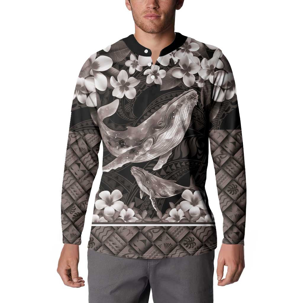 Hawaiian Plumeria and Humpback Whales Button Sweatshirt Polynerian Art Tattoo-Grayscale Mode LT03 - Polynesian Pride