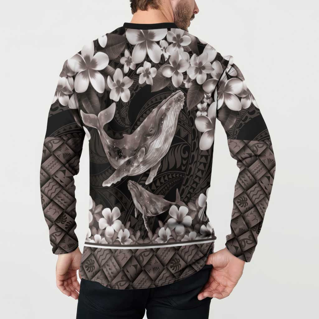 Hawaiian Plumeria and Humpback Whales Button Sweatshirt Polynerian Art Tattoo-Grayscale Mode LT03 - Polynesian Pride