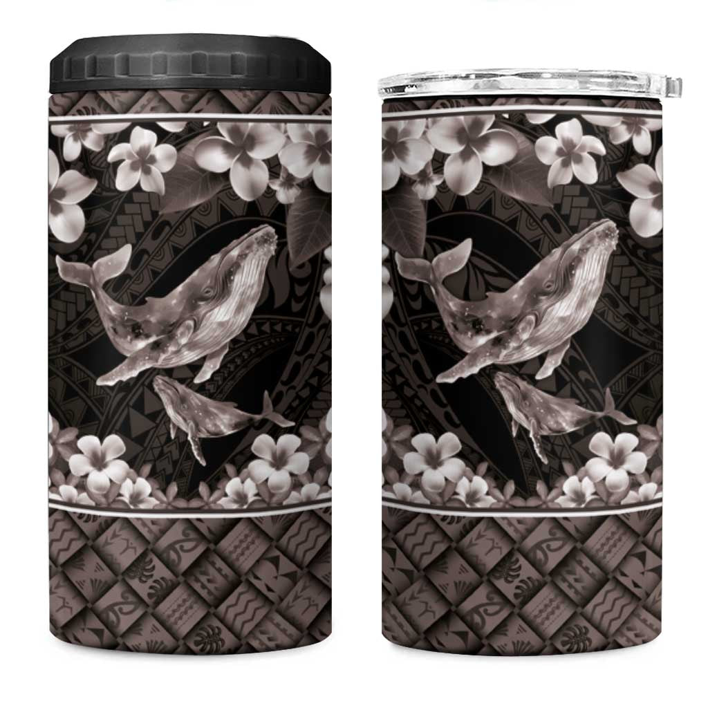 Hawaiian Plumeria and Humpback Whales 4 in 1 Can Cooler Tumbler Polynerian Art Tattoo-Grayscale Mode