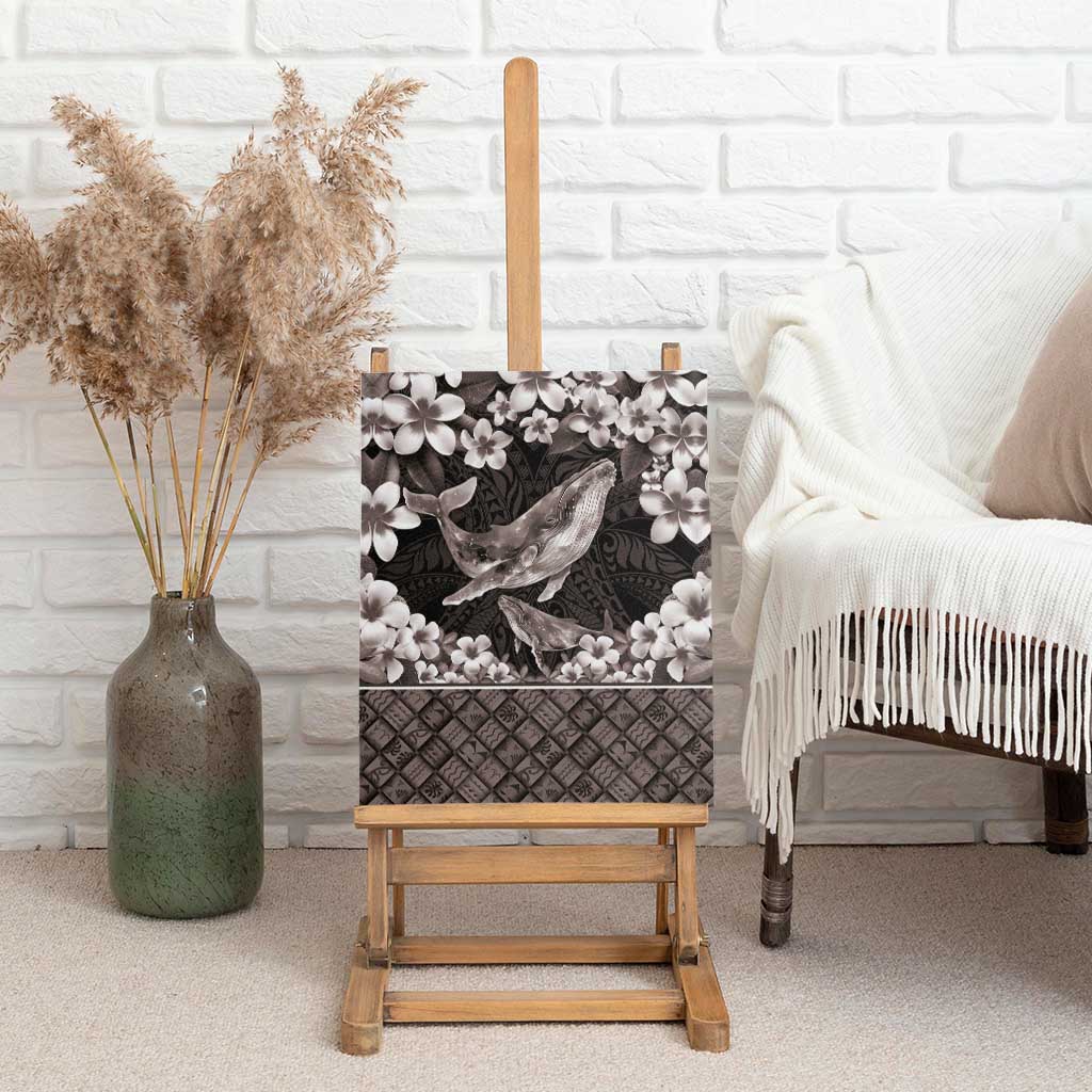 Hawaiian Plumeria and Humpback Whales Canvas Wall Art Polynerian Art Tattoo-Grayscale Mode