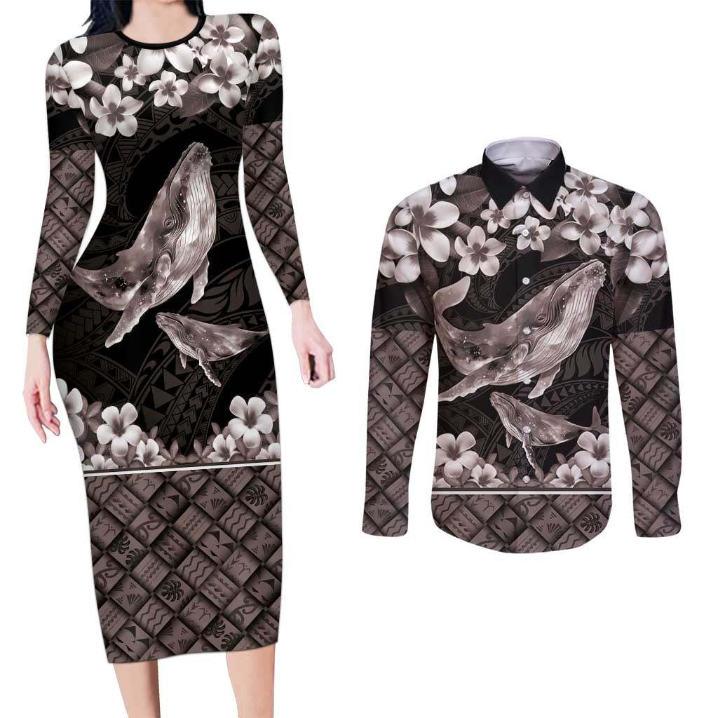Hawaiian Plumeria and Humpback Whales Couples Matching Long Sleeve Bodycon Dress and Long Sleeve Button Shirt Polynerian Art Tattoo-Grayscale Mode LT03 Black - Polynesian Pride