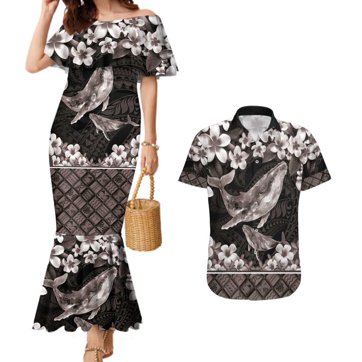 Hawaiian Plumeria and Humpback Whales Couples Matching Mermaid Dress and Hawaiian Shirt Polynerian Art Tattoo-Grayscale Mode