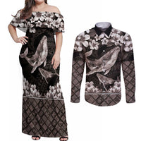 Hawaiian Plumeria and Humpback Whales Couples Matching Off Shoulder Maxi Dress and Long Sleeve Button Shirt Polynerian Art Tattoo-Grayscale Mode LT03 Black - Polynesian Pride